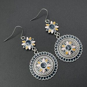 Silver with Blue Pink and Orange Enamel Dangling Boho Flower Drop Hook Earrings